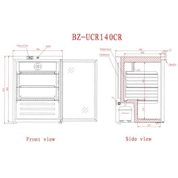 BLIZZARD UCR140CR Glass Door Stainless Steel Under Counter Refrigerator - 145Ltr